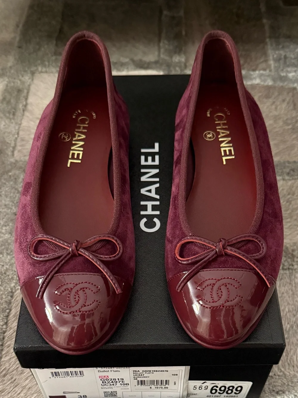 CHANEL Burgundy Suede and Patent Leather Ballet Flats